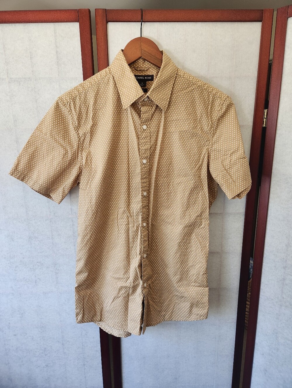 Michael Kors Tan/White Polka Dot Woven Slim Fit Mens S Short Sleeve Shirt